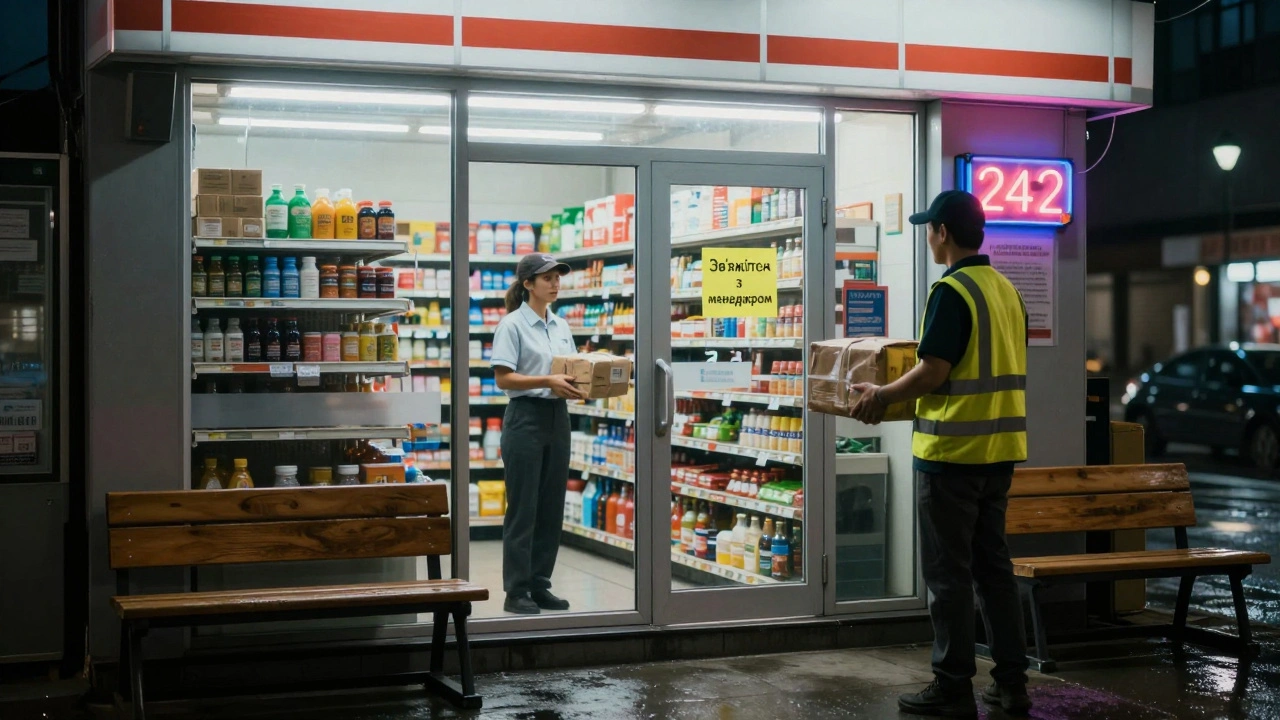 Нічна зміна в магазині 24/7 у Воскресенці: працівниця та кур'єр під світлом неонової вивіски.