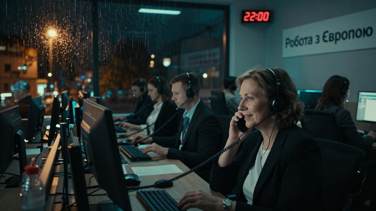 Нічний call-центр у Києві: працівниця в головному гарнітурі розмовляє по телефону, за нею — табло з часом 22:00 і написом 'Робота з Європою'.