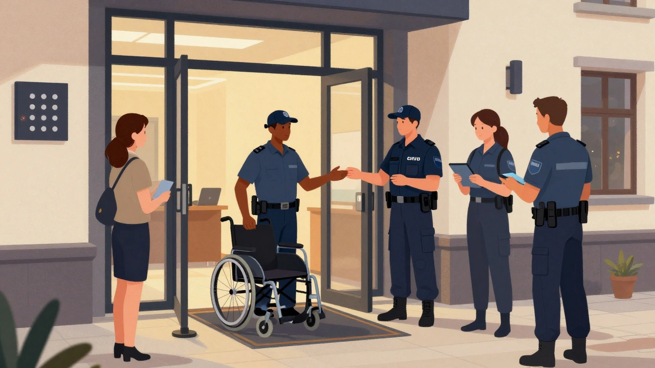 Охоронець з інвалідністю вітає відвідувача на вході до будівлі, колеги допомагають.