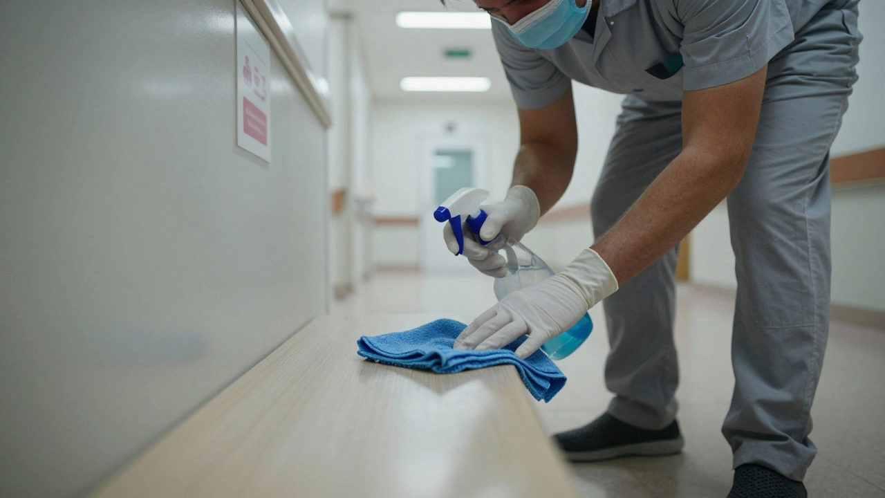 Працівниця з дезінфікуючим засобом прибирає коридор лікарні, у формі та масці.