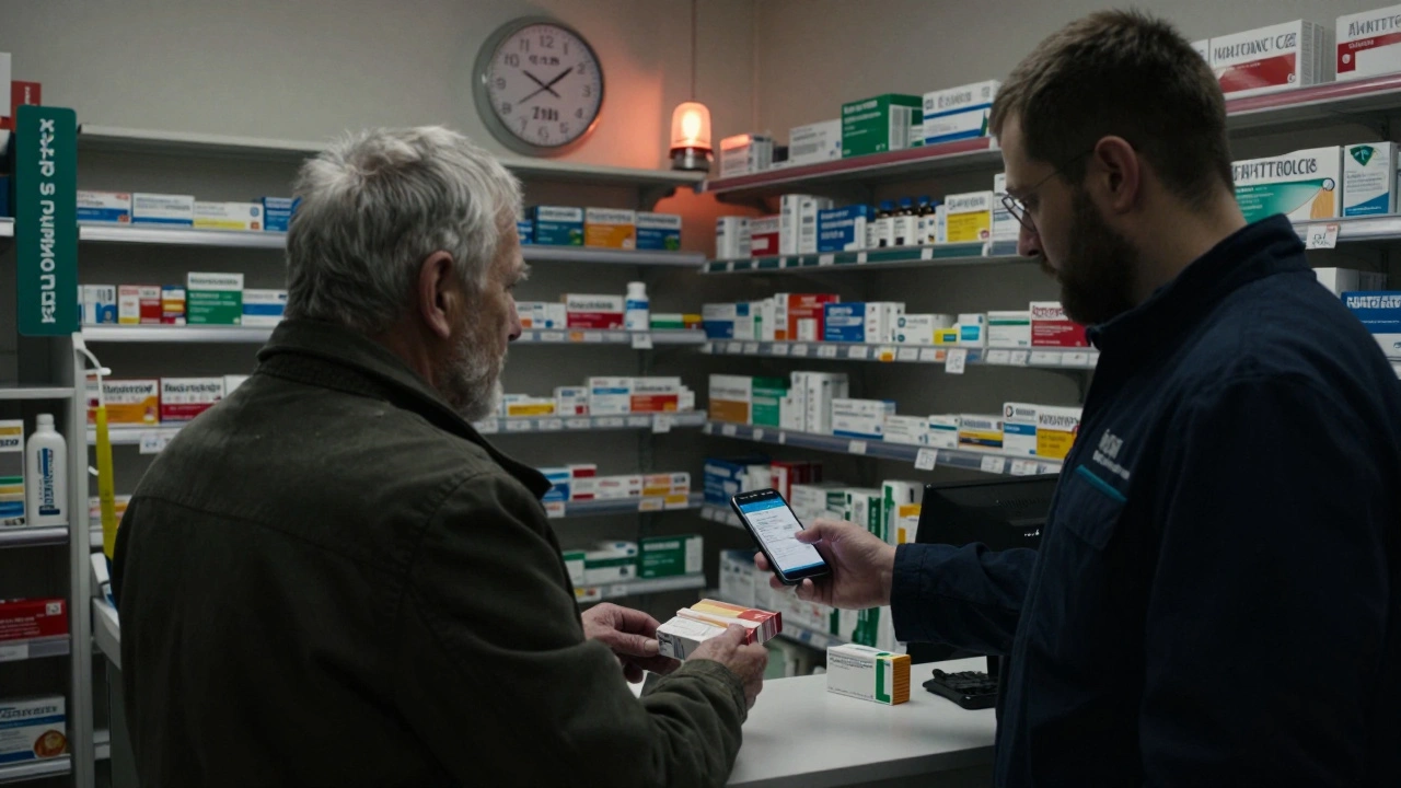Працівник аптеки в Києві вночі видає ліки клієнту, дивлячись на телефон з щоденними виплатами.