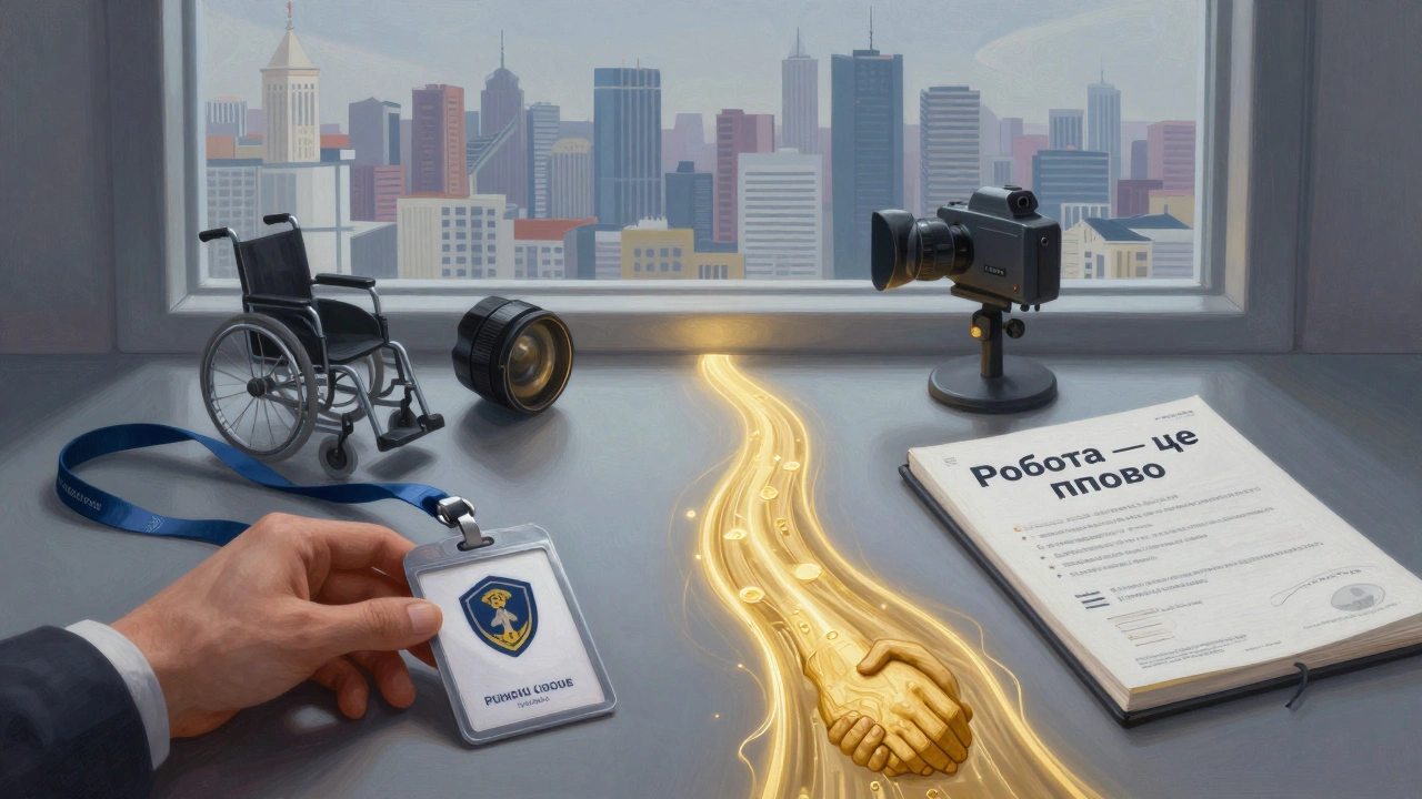 Рука кладе пропуск поруч із документом про інвалідність і запискою «Робота — це право».