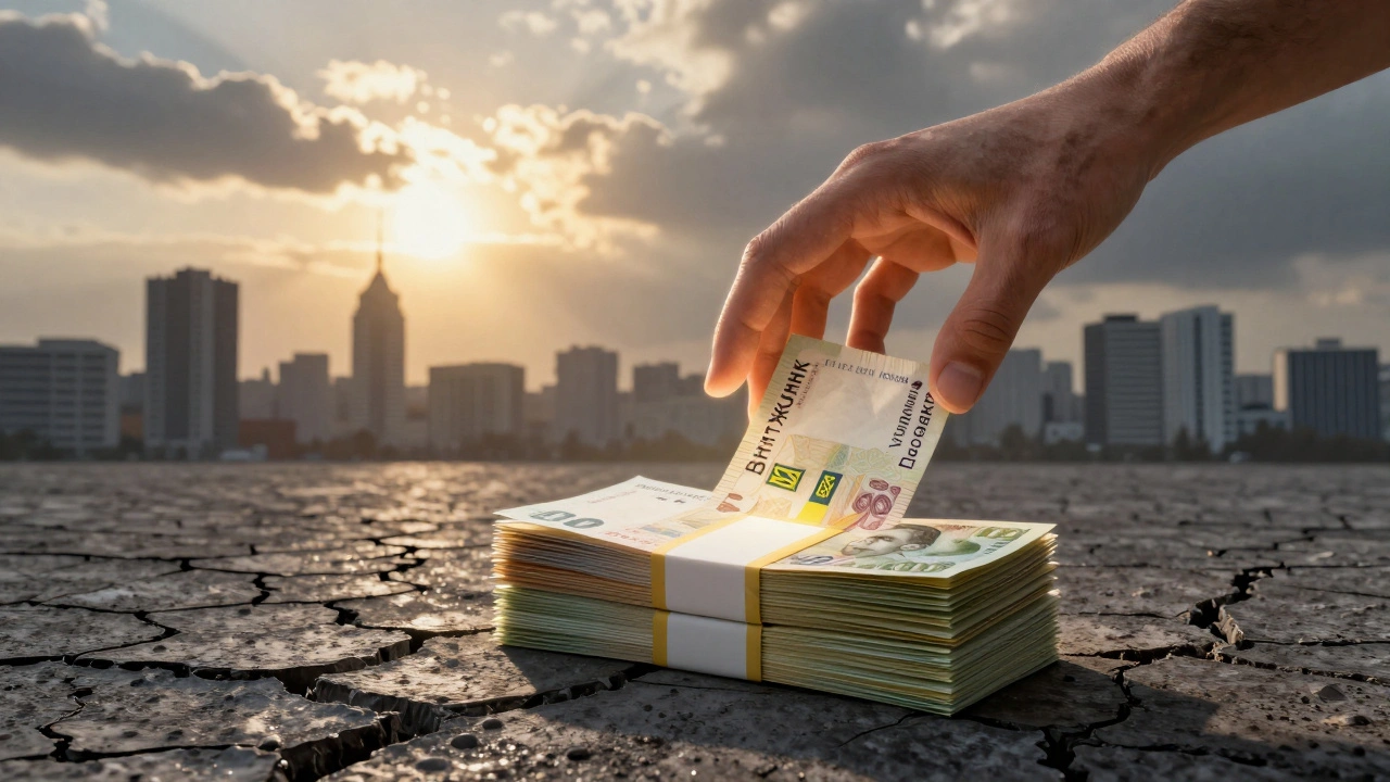 Рука тягнеться до стопки гривень, кожна позначена типом роботи, піднімається з асфальту в Дніпровському районі.