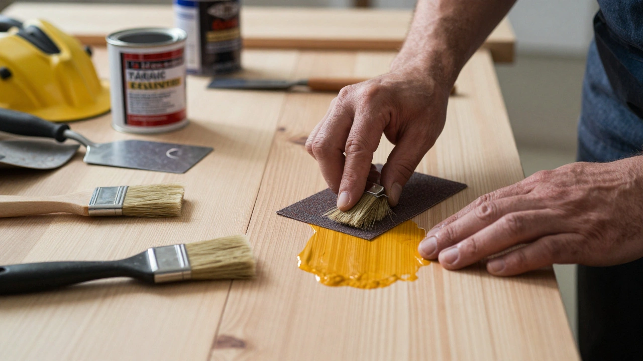 Руки маляра працюють з шліфуванням, грунтуванням і поліруванням дерев’яної поверхні.