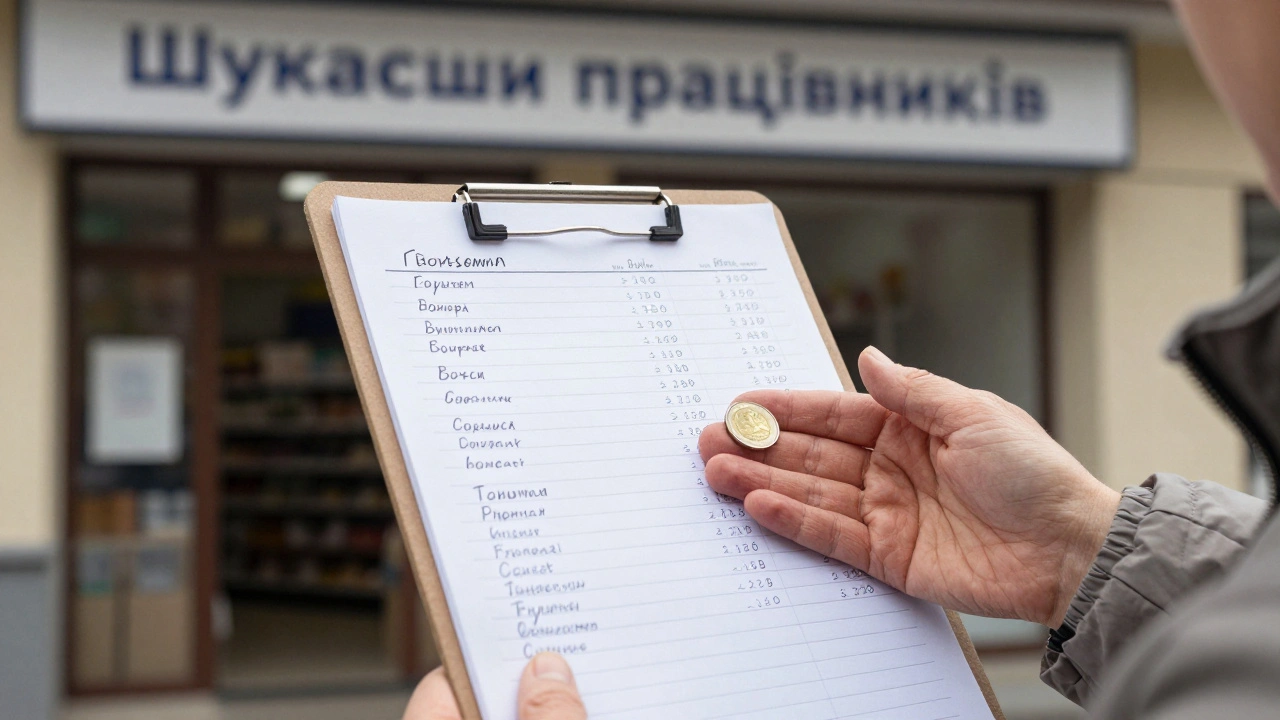 Рукописний список з щоденними виплатами в руках жінки біля магазину, монета в долоні.