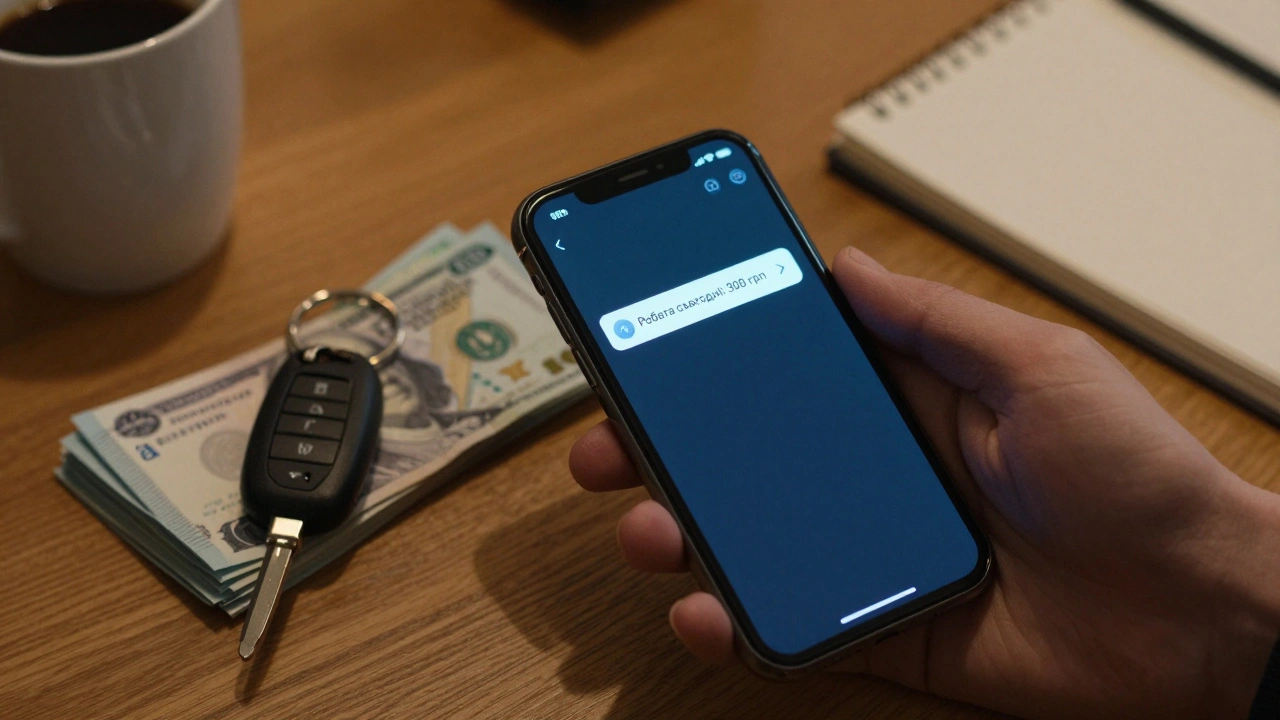 Смартфон показує сповіщення про роботу з оплатою, поруч — готівка та ключ від самоката.