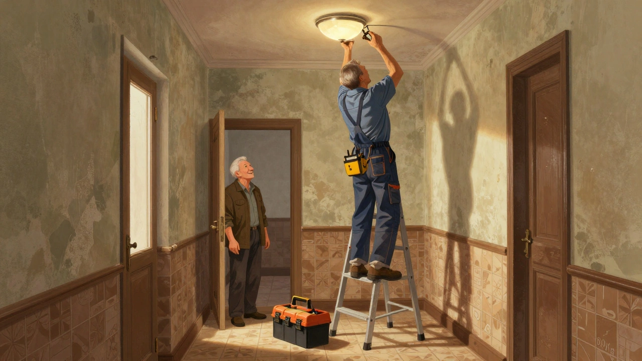 Старий електрик чинить світло в під’їзді, сусід дивиться з дверей, тепле світло.