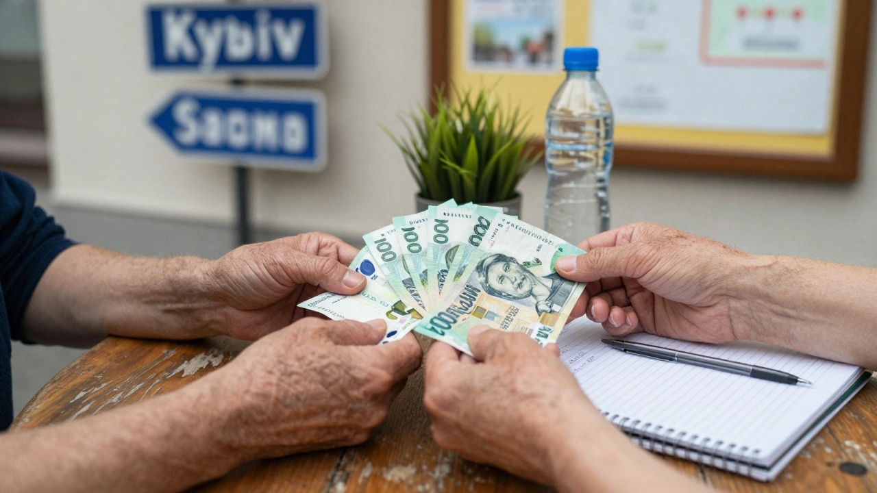 Три руки отримують готівку, на столі — зошит, квиток, вода, рослина, м’який фокус.