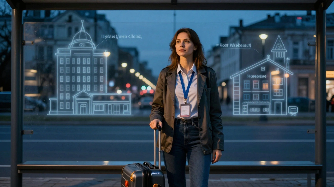 Жінка на автобусній зупинці в Києві вночі зі скарбом і відпусткою.