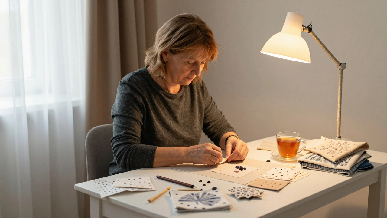 Жінка по 50 років збирає сувеніри вдома в Дарниці, робота в тиші.