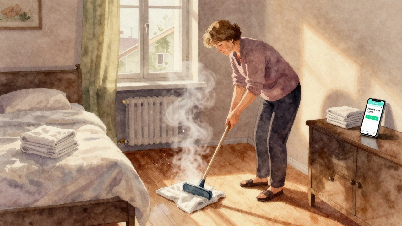 Жінка похилого віку прибирає квартиру в Києві, сонячний світло падає на миту підлогу.