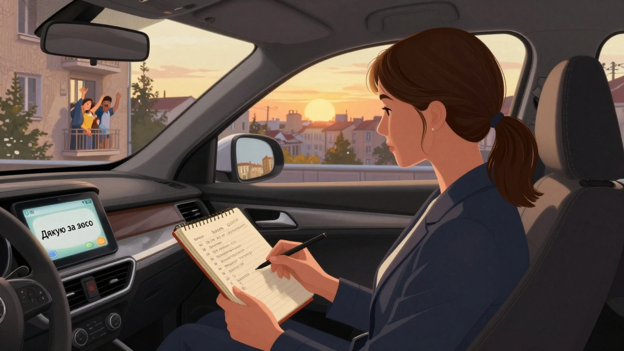 Жінка-водій дивиться на розклад вдома, сім'я махає їй прощально з балкона.