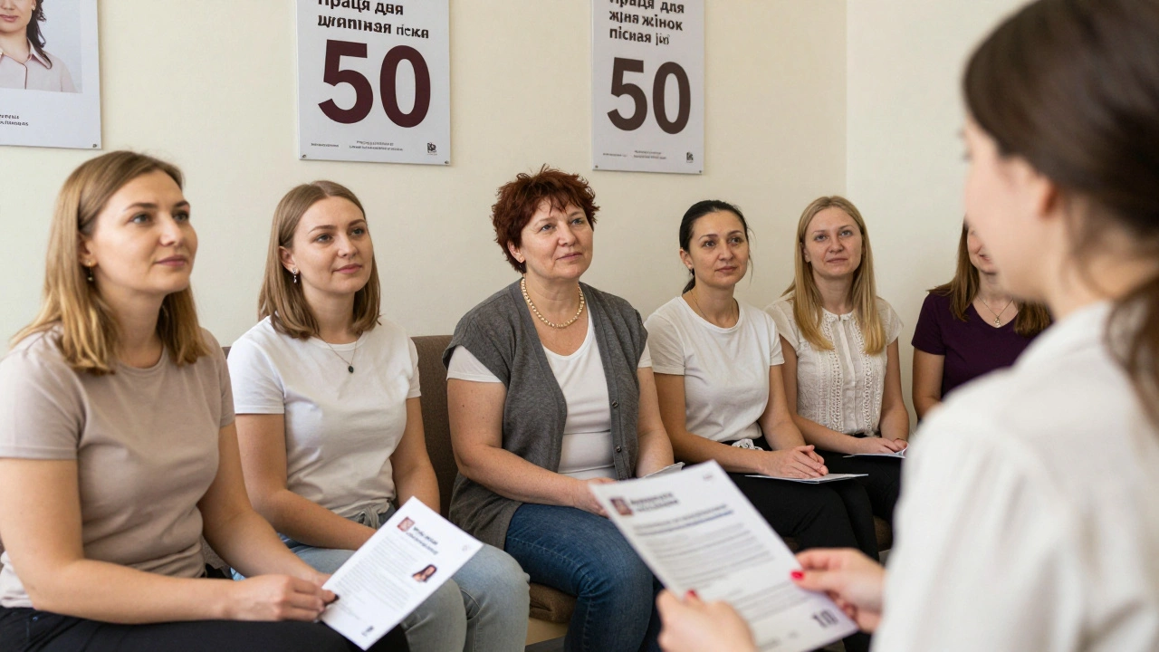 Жінки по 50 років отримують консультацію в центрі зайнятості Києва.